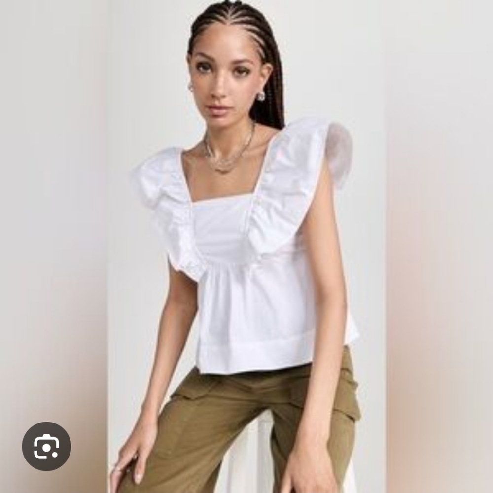 NWT Ganni Cotton Poplin Blouse White Flutter Sleeve Size EU 36